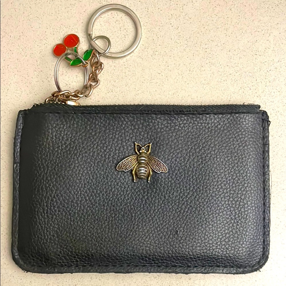 Black Leather Coin Purse with Bee Charm